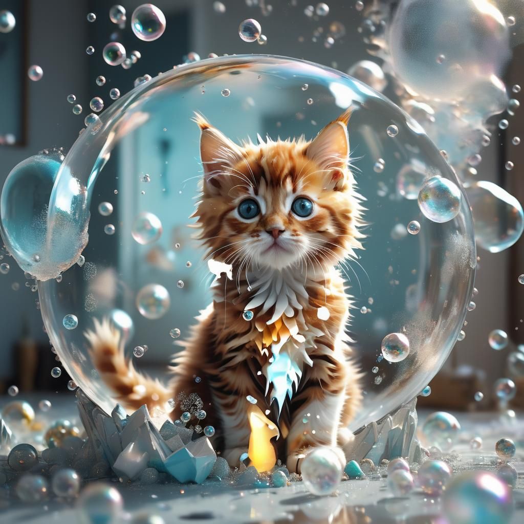Topaz Kitten in Foamy Bubble Room: Surreal 4D Render