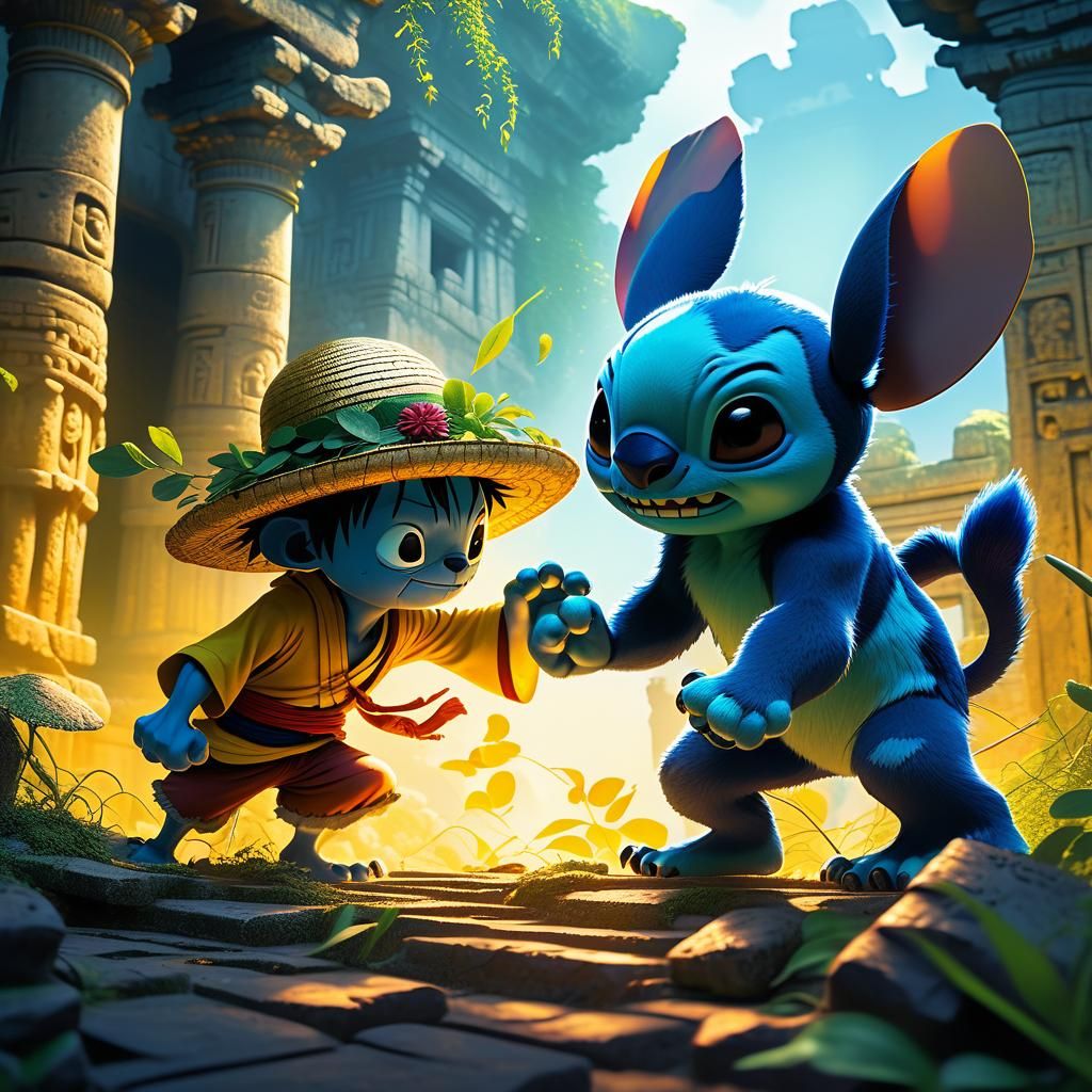 Luffy and Stitch Battle in Ancient Ruins