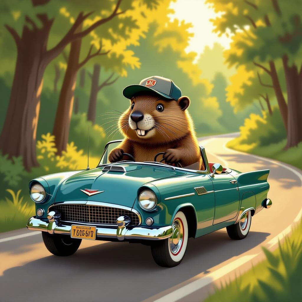 Beaver Drives Vintage Car at Golden Hour