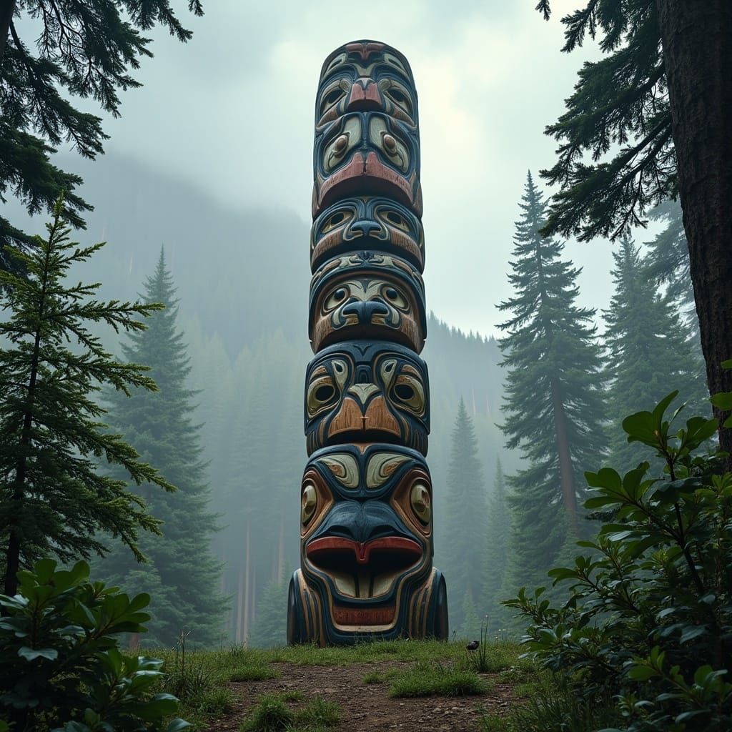 Majestic Totem Pole in Misty Forest, Photorealistic Haida St...