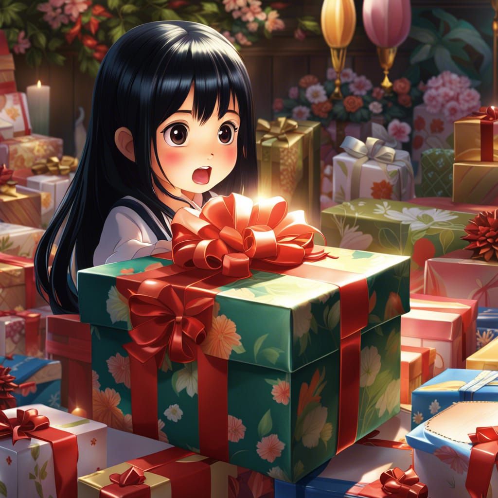 Scared Girl Opening Gift with Entwined Hair