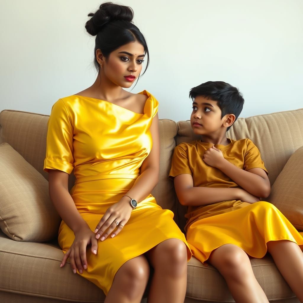 Indian Woman in Yellow Silky Outfit on Sofa