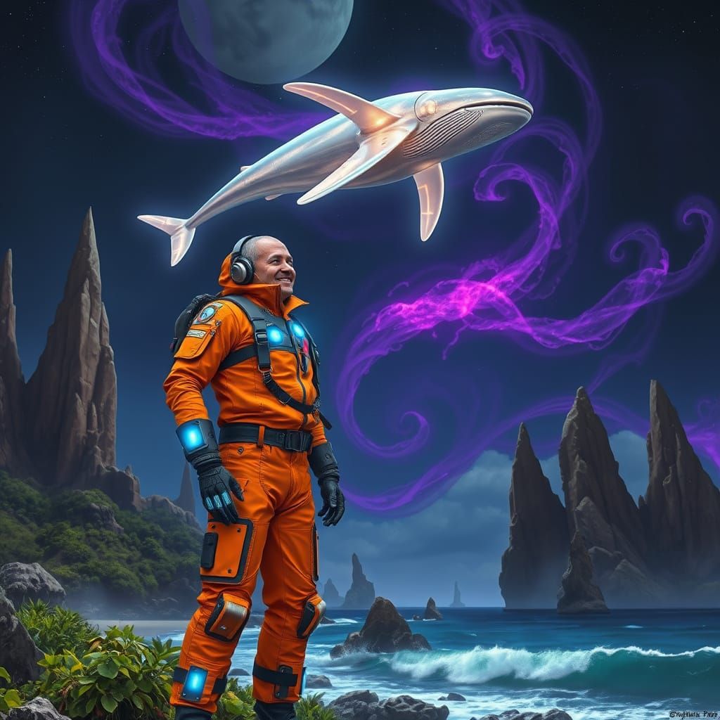 Cyborg Explorer and Bioluminescent Space Whale