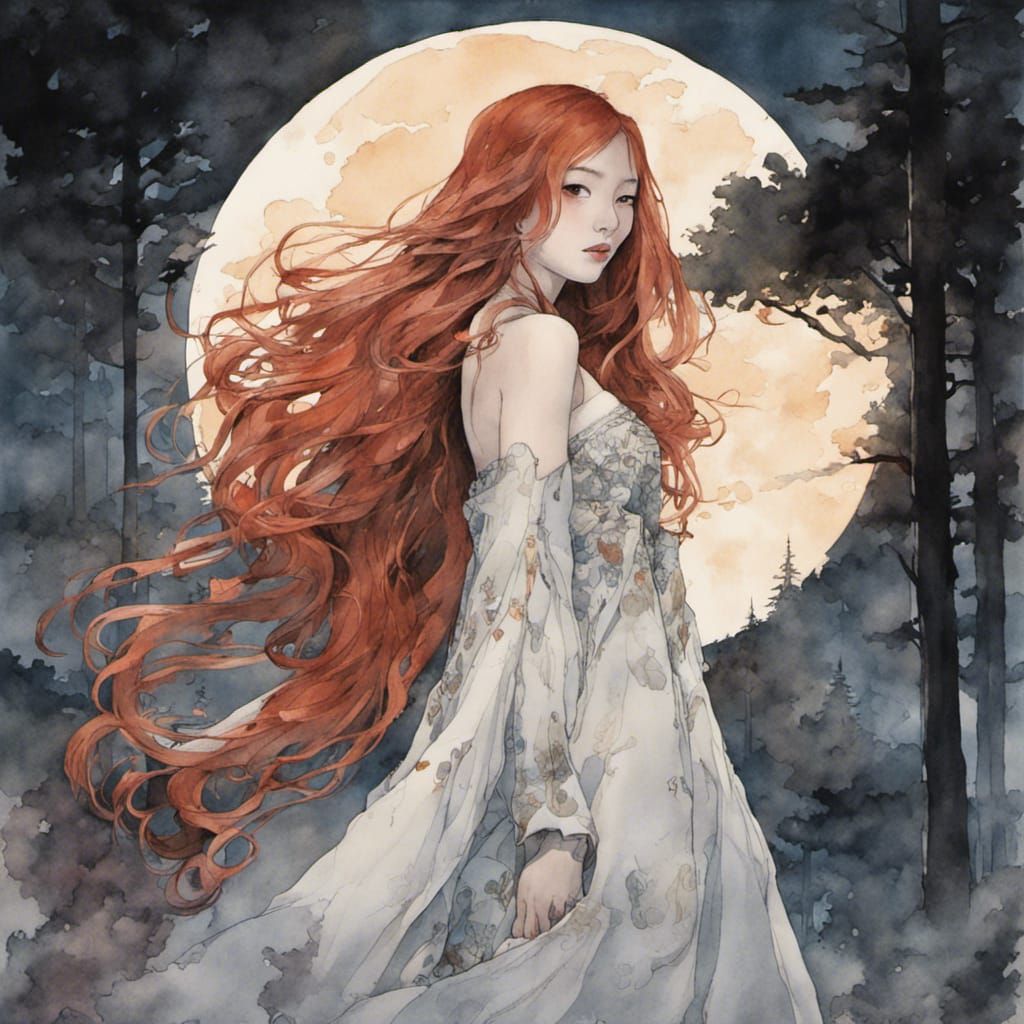 Red-Haired Woman in Moonlit Forest Dreamscape