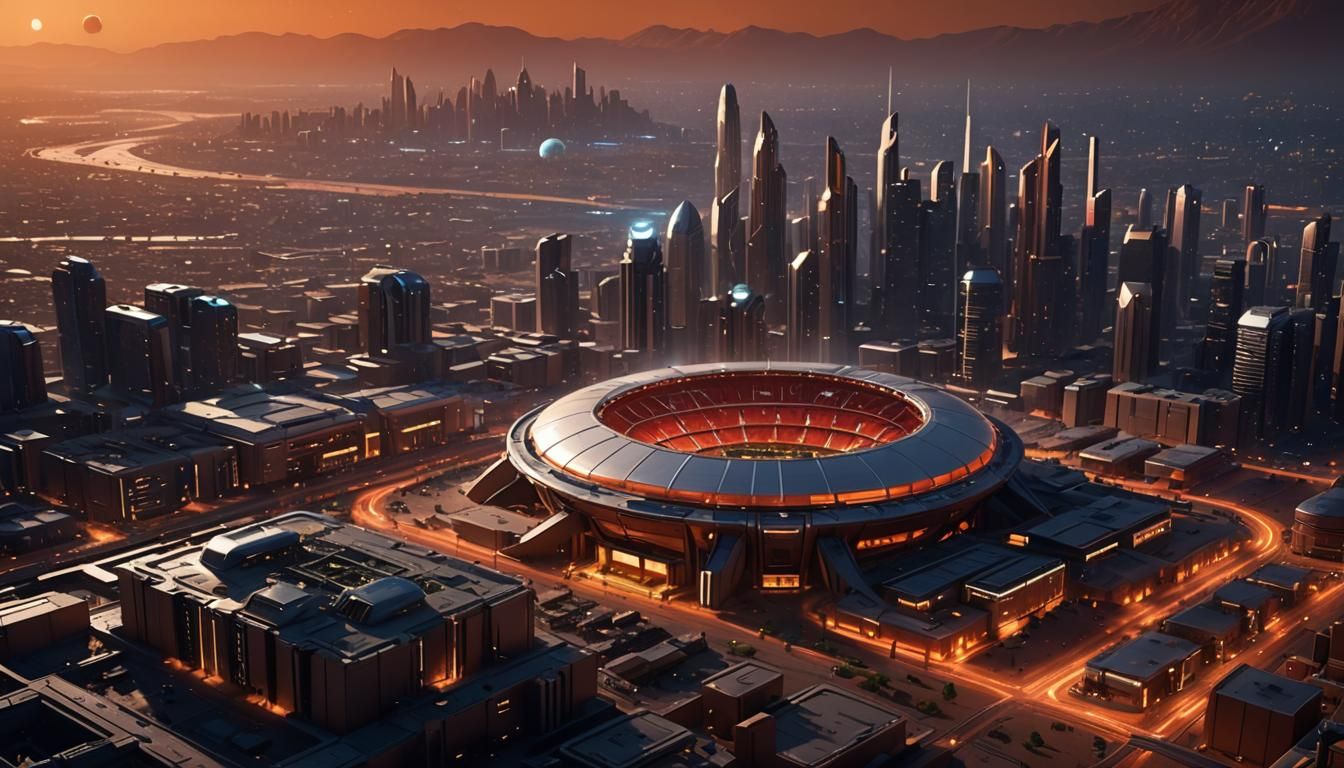 Mars Football Stadium in Futuristic Sci-Fi Cityscape