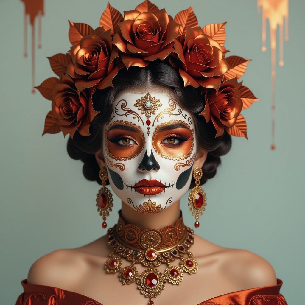 Copper Woman with Día de los Muertos Makeup