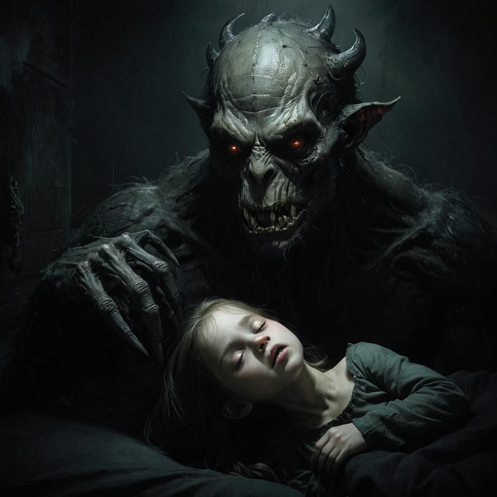 Creepy Gaunt Monster Stealing Dreams: Fantasy Art