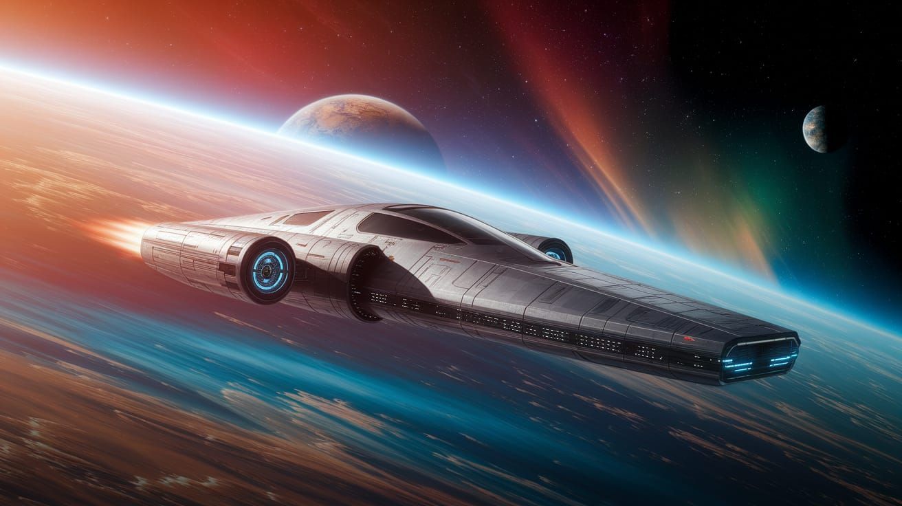 Futuristic Spaceship Gliding Through Alien Starscape