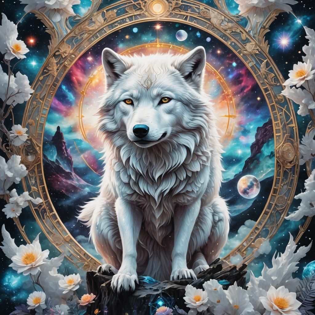 Astral White Wolf in Cosmic Illustration