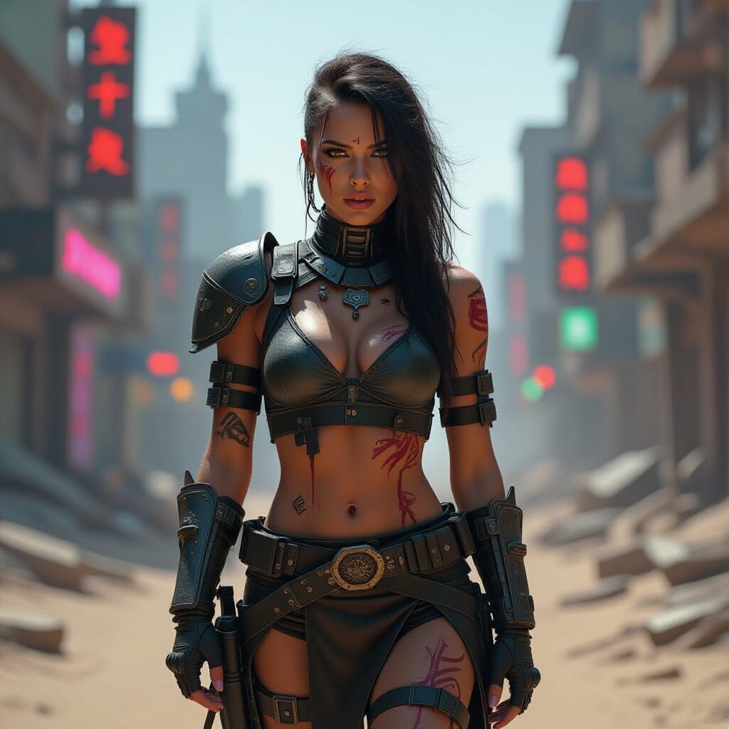 Cyberpunk Warrior in Neon Ruins: Post-Apocalyptic Art