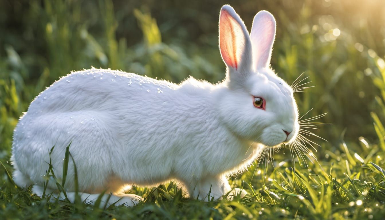Magical White Bunny Sparkling in Morning Dew