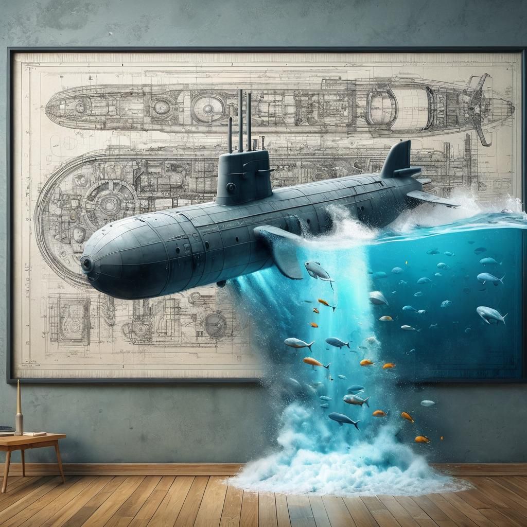Submarine Emerges From Blueprint in 3D Render
