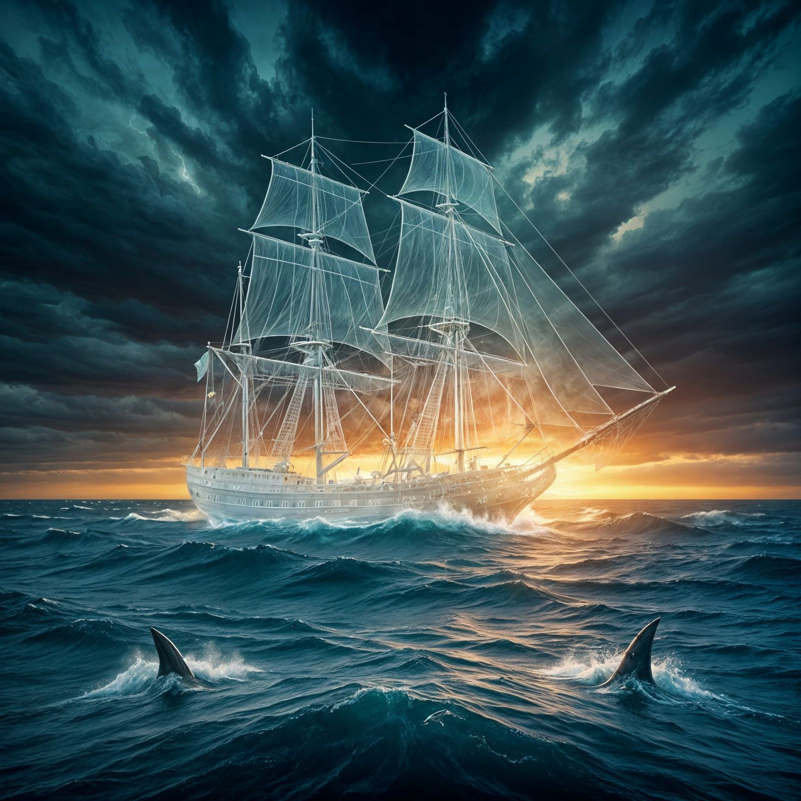 Ghost Pirate Ship Cruises with Sharks: Digital Art