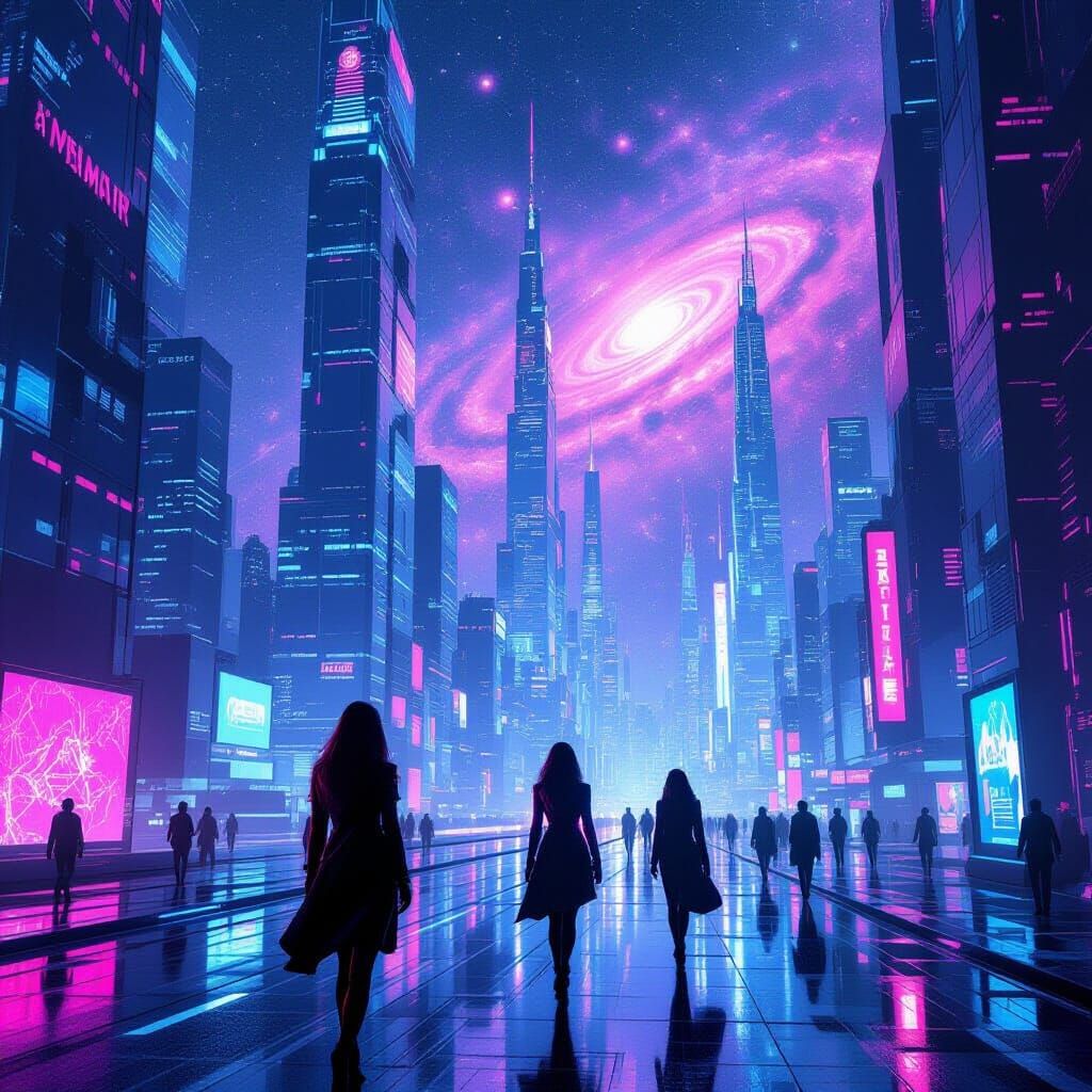 Futuristic Cityscape with Neon Galaxies in Dystopian Style