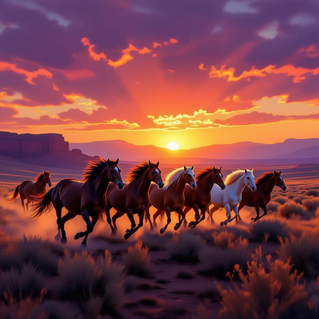 Majestic Wild Horses Gallop at Sunset in Painterly Style