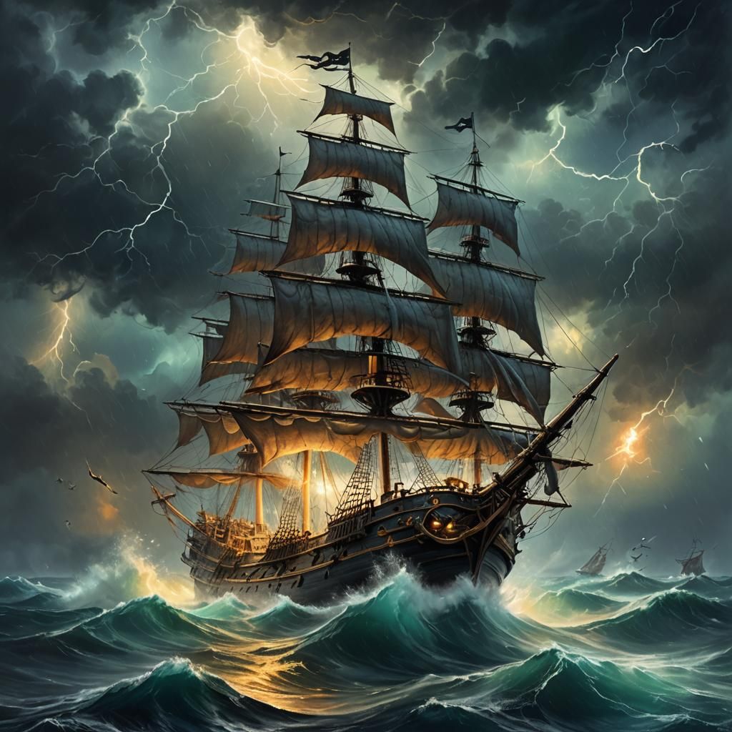 Pirate Ship Sails Stormy Seas: Impasto Oil Painting