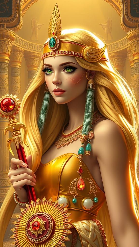 Egyptian Goddess with Golden Hair in Fantasy Setting