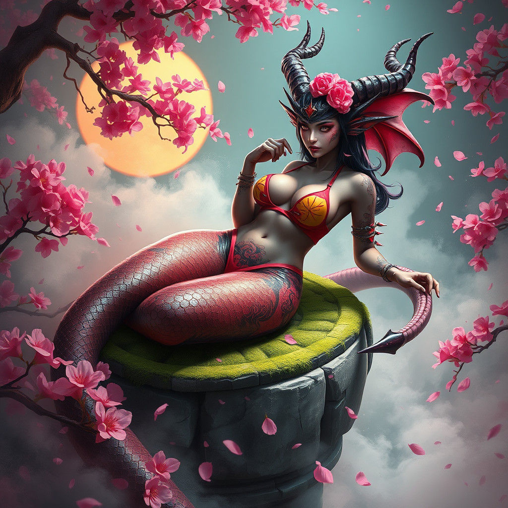 Demoness in Cherry Blossom Bikini, Surreal Matte Painting