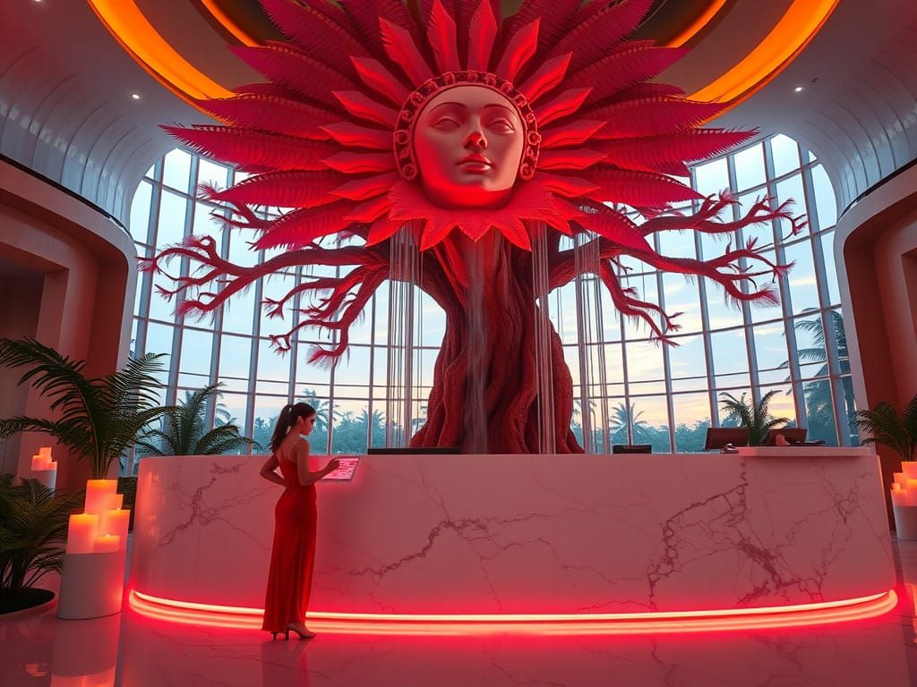 Cyberpunk Waitress in Tropical Oasis