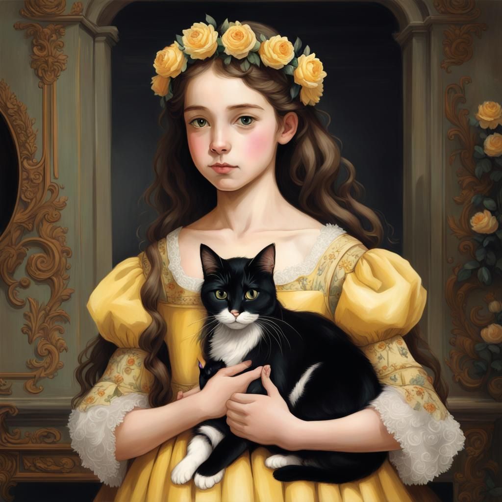 Girl with Cats in Baroque Dress: Detailed Matte Painting