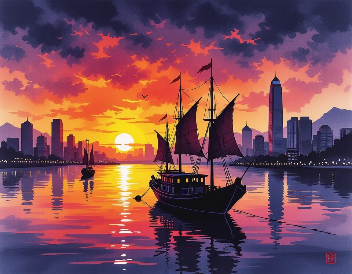 Harbor Sunset in Blacklight Art Style, Synthwave