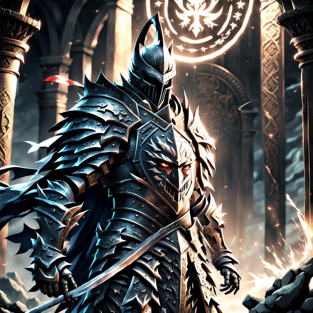 Shadow Knight in Anime Style with Glowing Runes