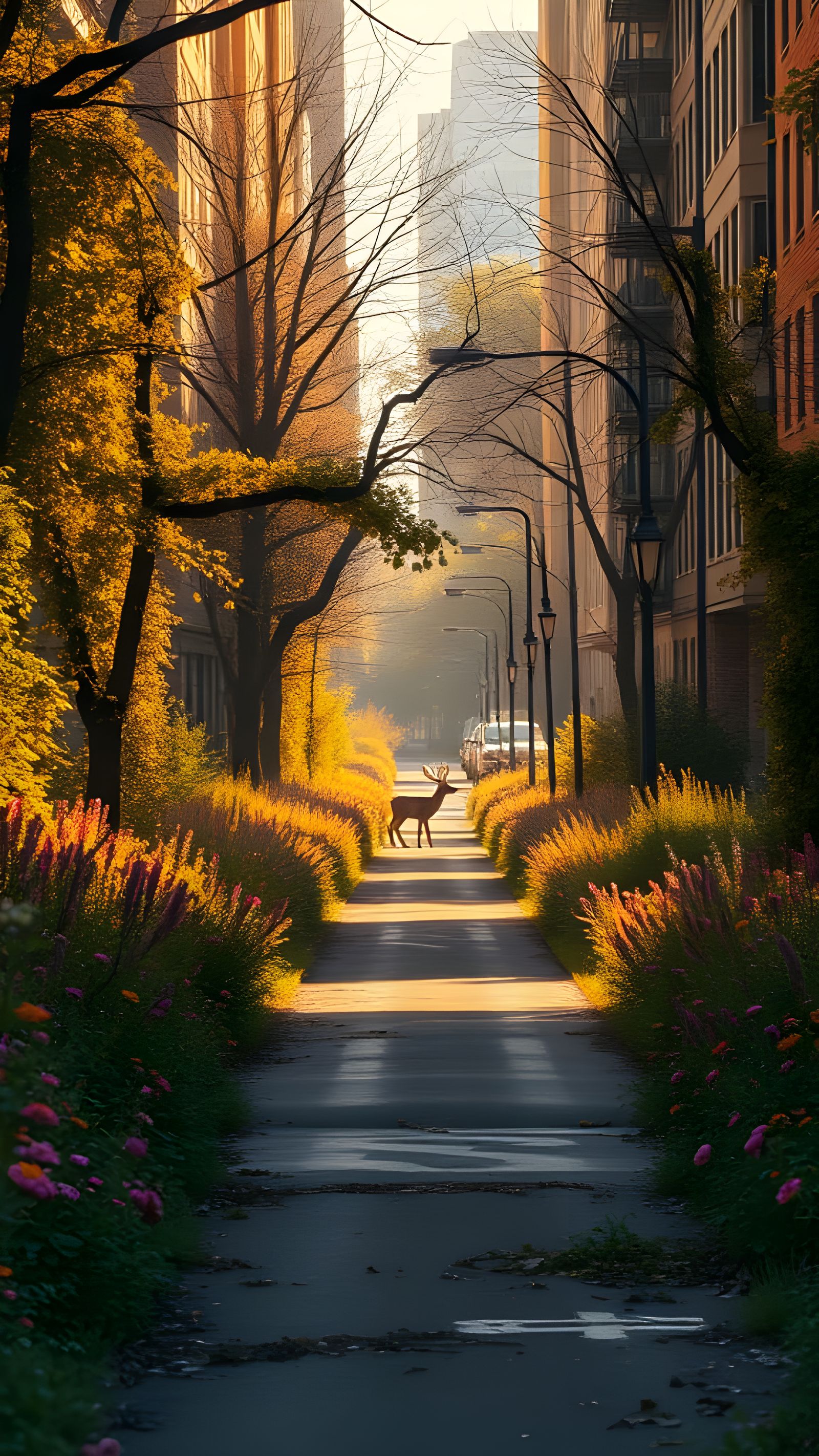 Overgrown New York Avenue with Wildlife in Golden Light