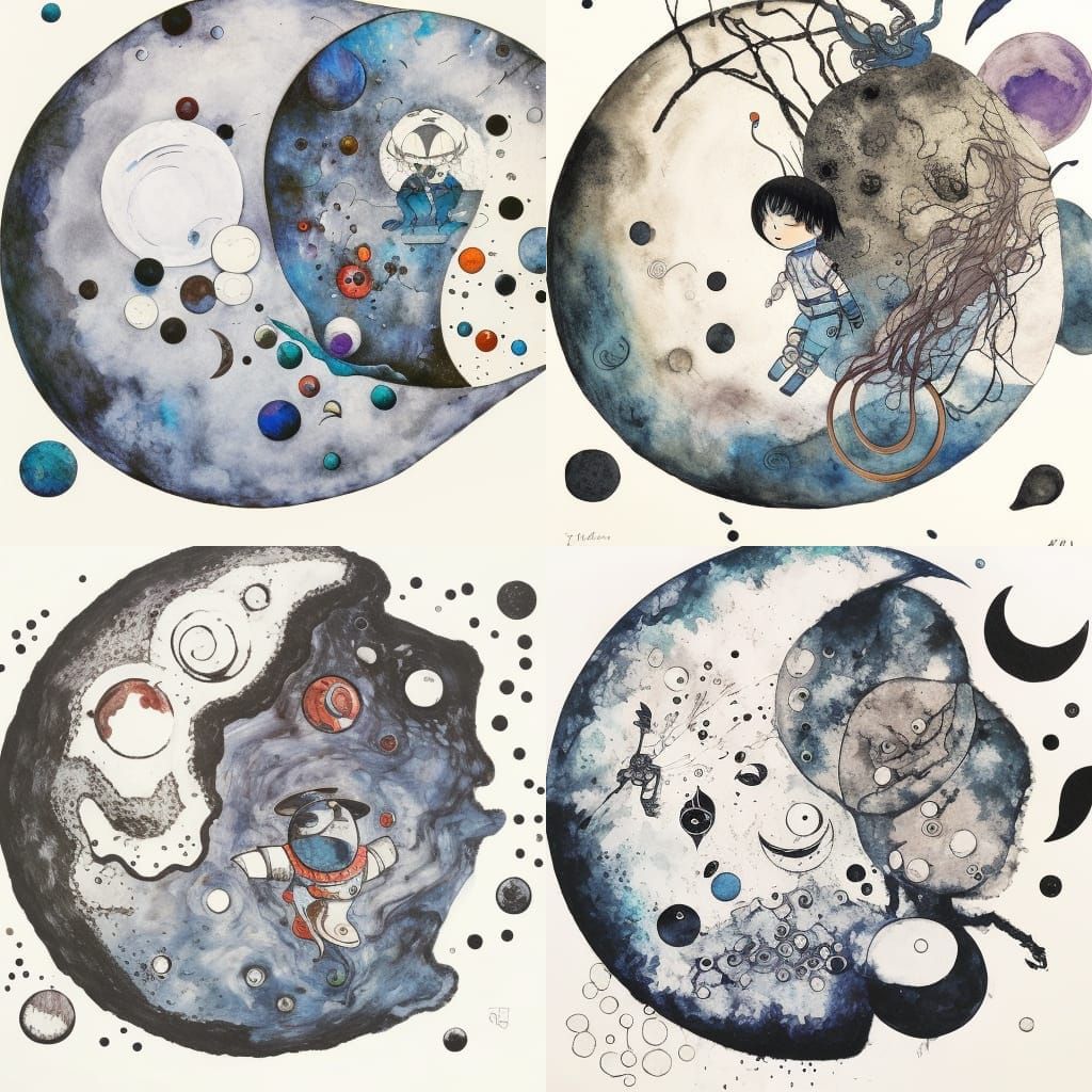 Sci-Fi Broken Moon in Pen, Ink and Watercolor