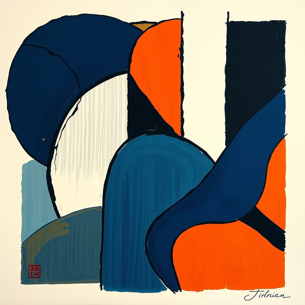 Abstract Woodblock Painting with Geometric and Organic Forms