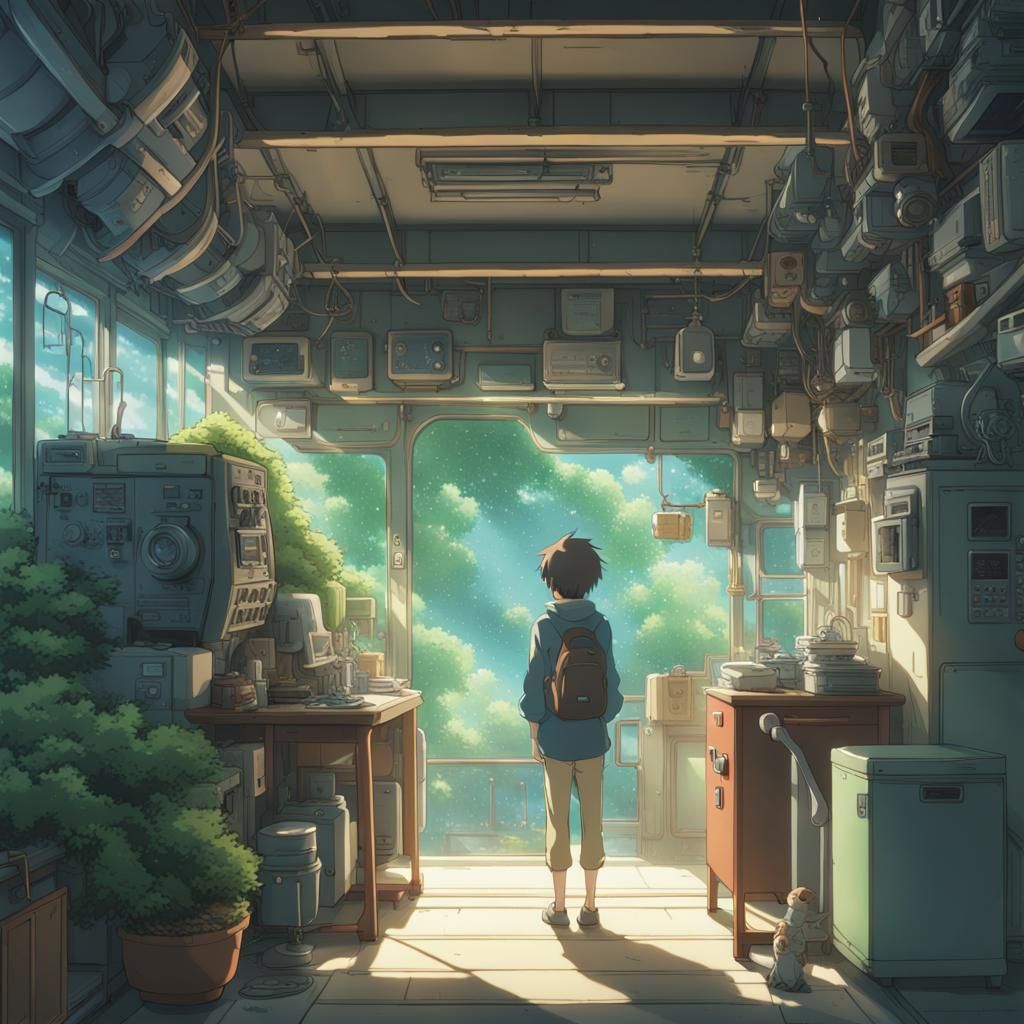 Anime Cyborg in Sci-Fi City, Ghibli Style