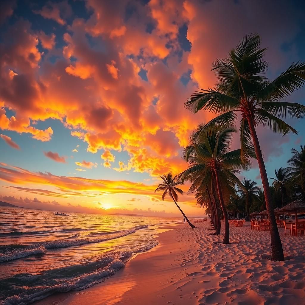 Tropical Beach Sunset Wide-Angle View