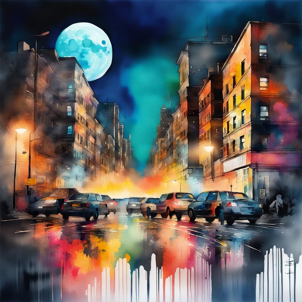 Vibrant Watercolor Cityscape Double Exposure at Night