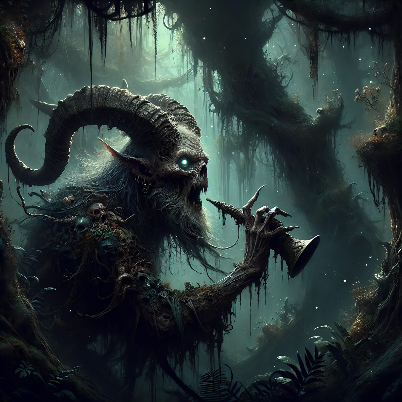 Darkly Realistic Satyr Plays Carnyx in Gloomy Jungle