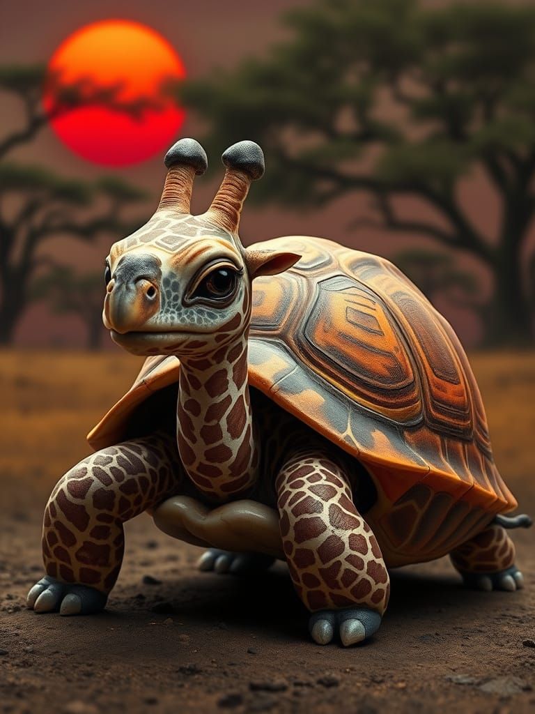 Surreal Fantasy Turtle Giraffe Hybrid in African Savanna