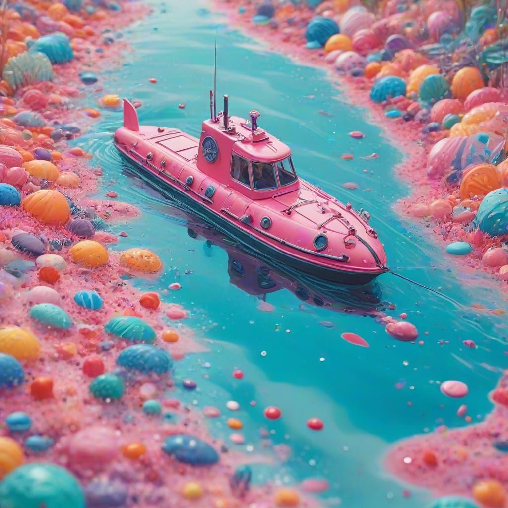 Barbie in Submarine Scene as Gouache Art