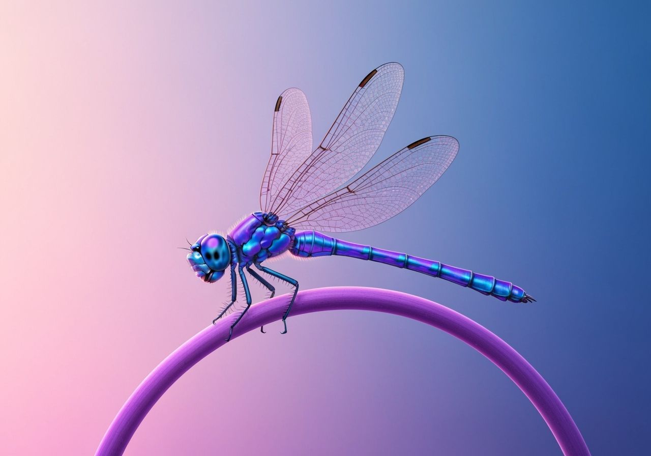 Iridescent Dragonfly on Purple Stem in Hyperrealism