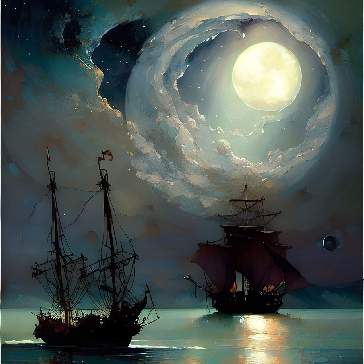 Purple Starry Night Over Ocean with Pirate Ship