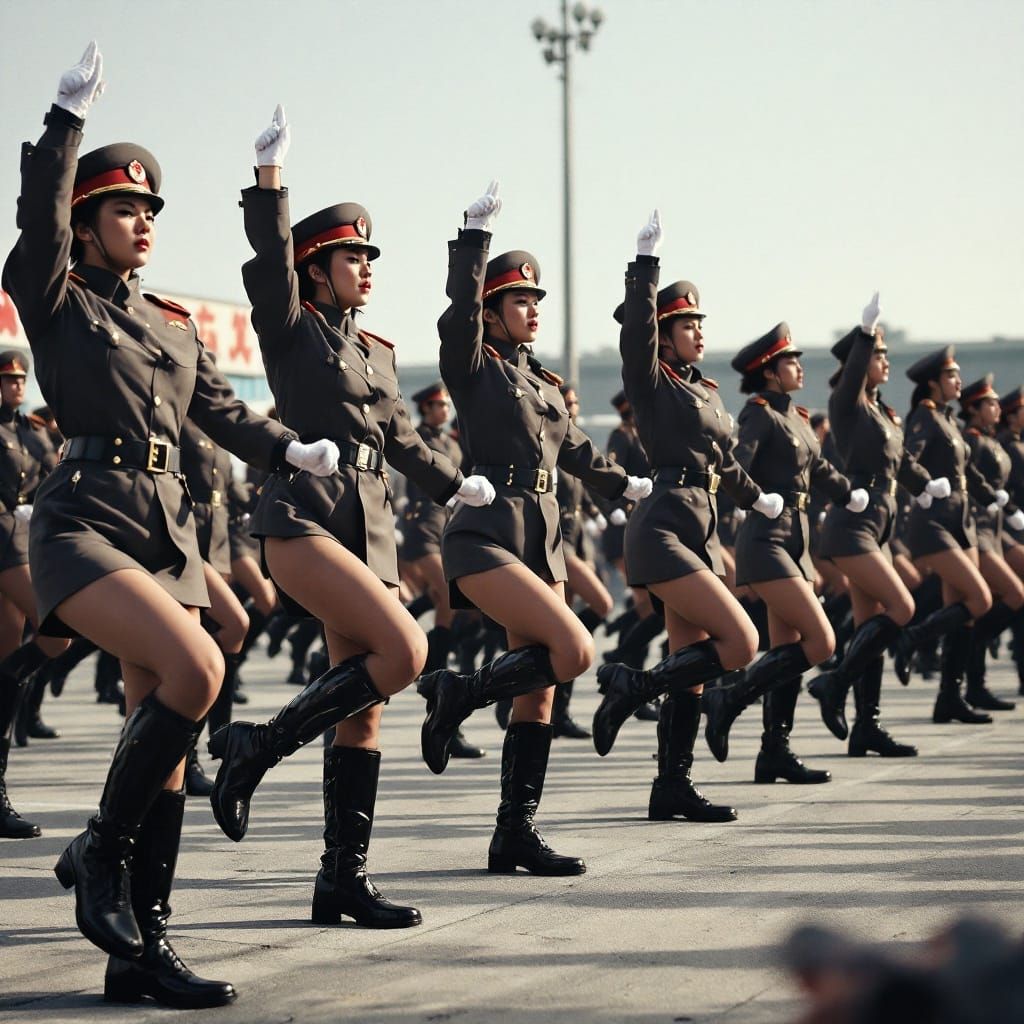 Women in North Korean Military Formation Marching in Black L...