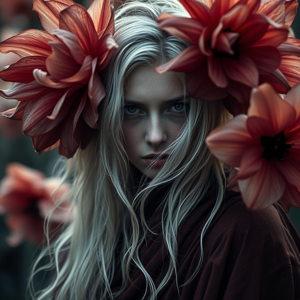 Ethereal Portrait with Flowers in Moody Fantasy Style