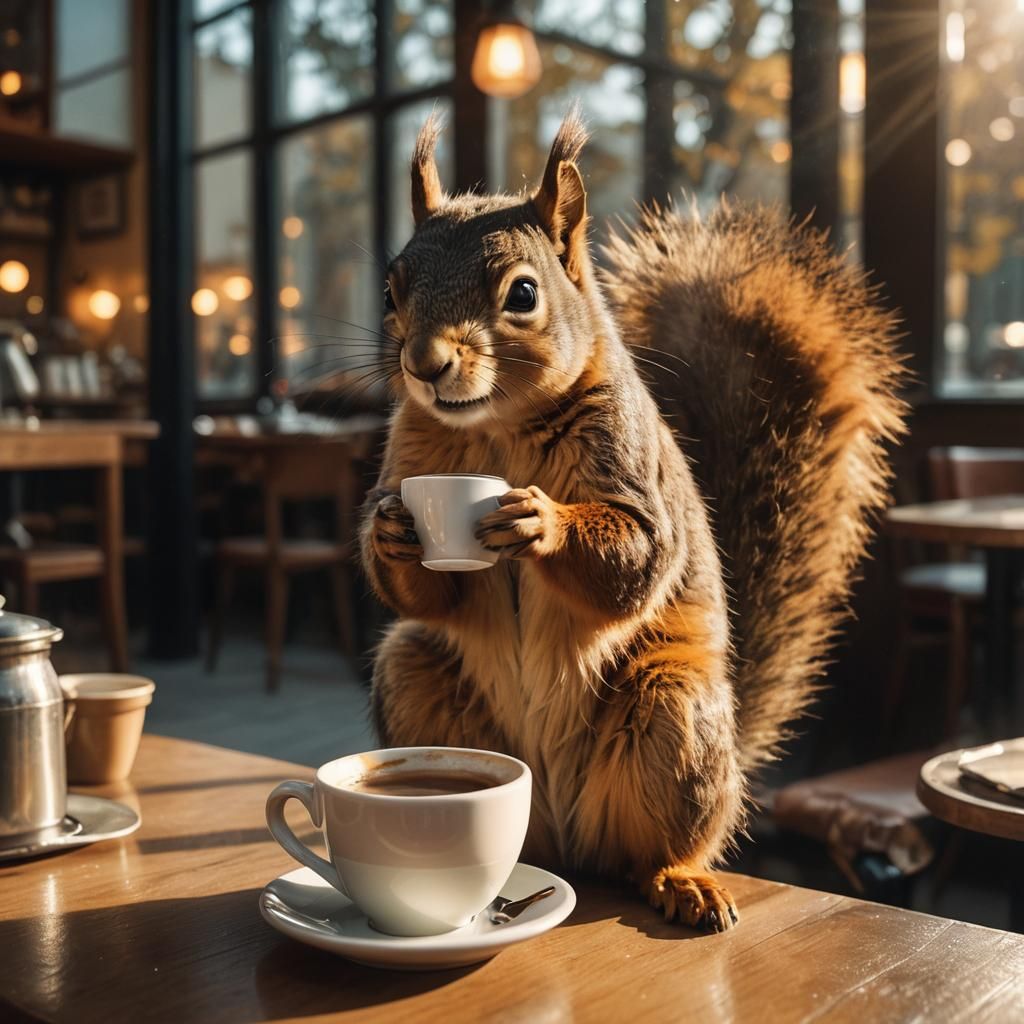 Squirrel Drinks Coffee in Cozy Cafe: Cinematic Still
