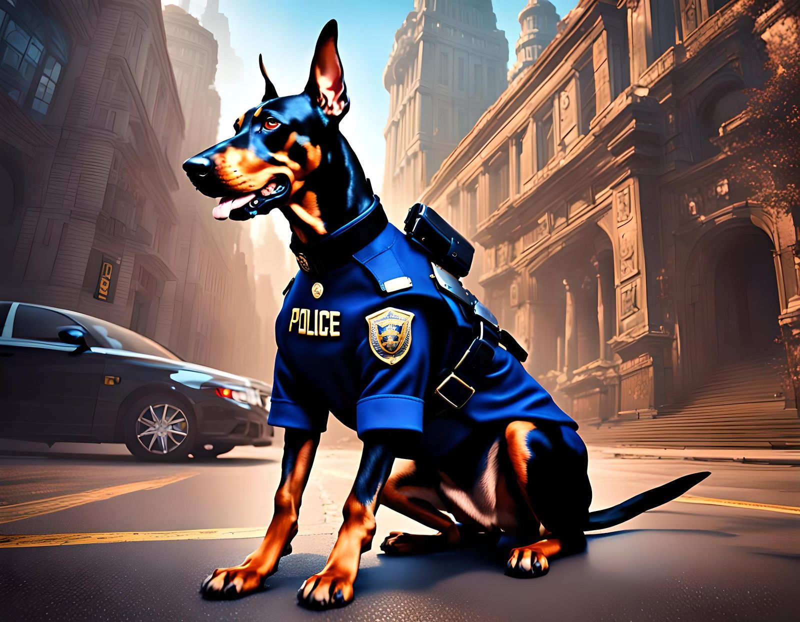 Doberman Pinscher in Police Uniform: Fantasy Concept Art