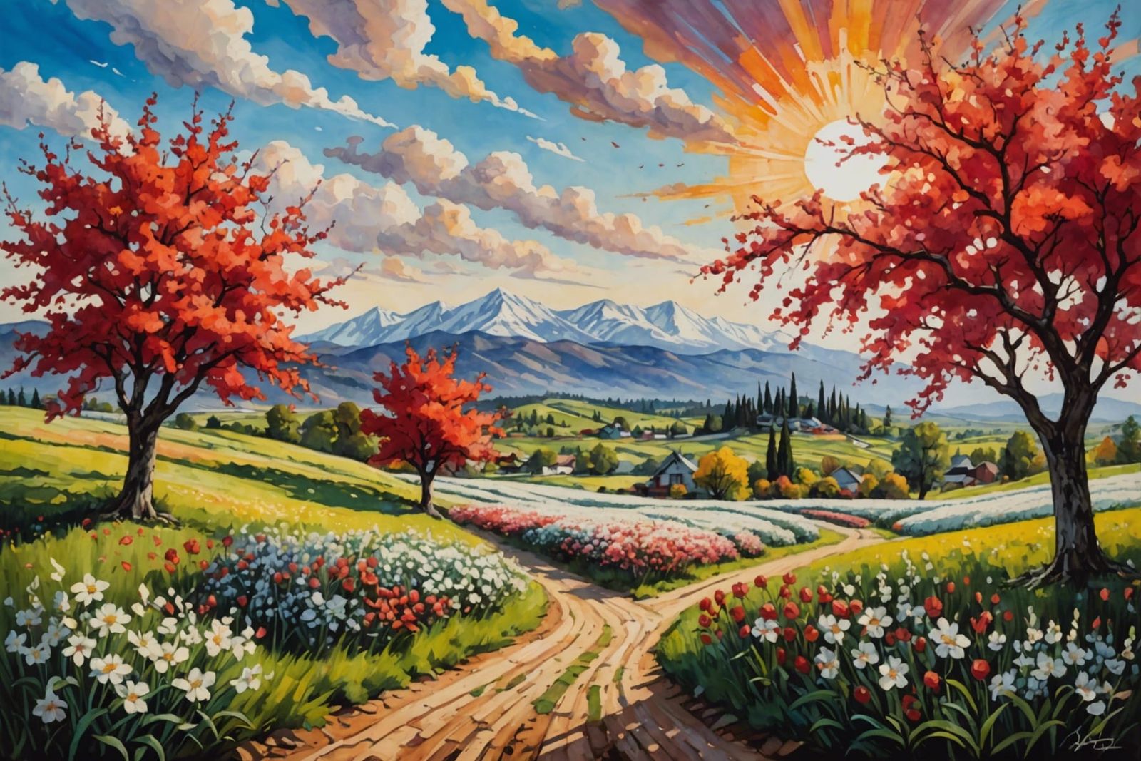 Orchard of Blooming Peach Trees: Masterpiece Illustration