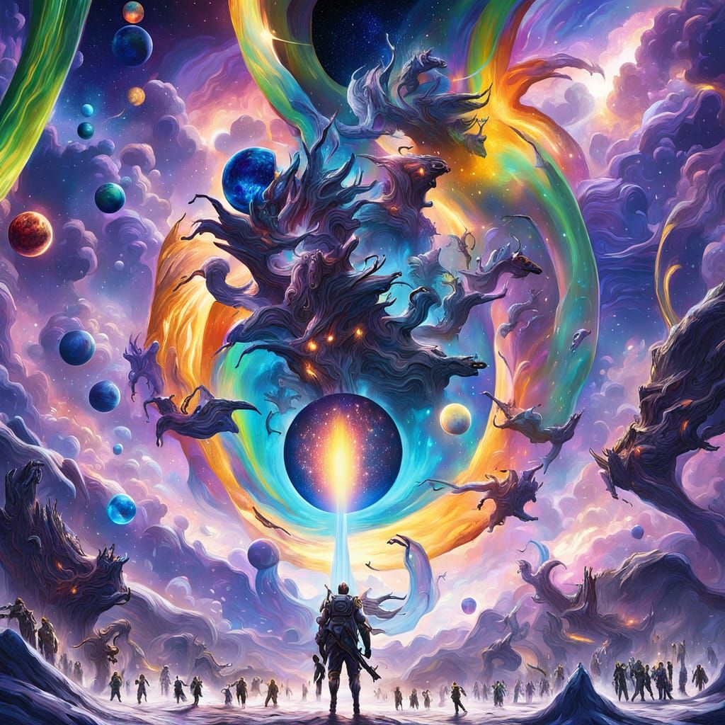 Epic Surreal Battle of Celestial Beings in Vibrant Digital A...