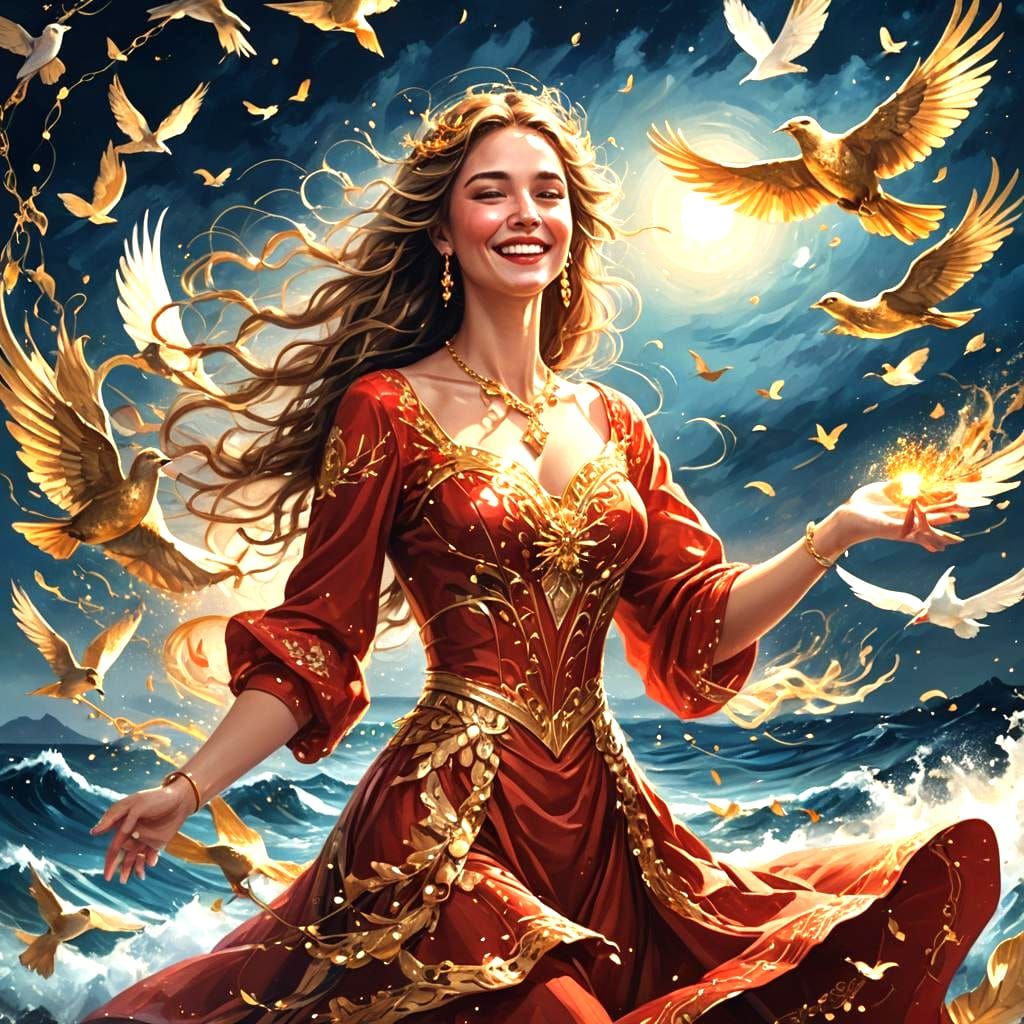 Birds Fly with Gold Sparks and Red Heart