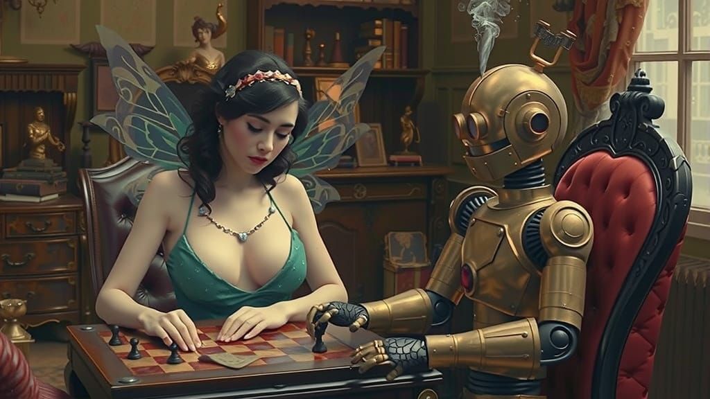Fairy Woman Plays Chess With Smug Robot in Victorian Study