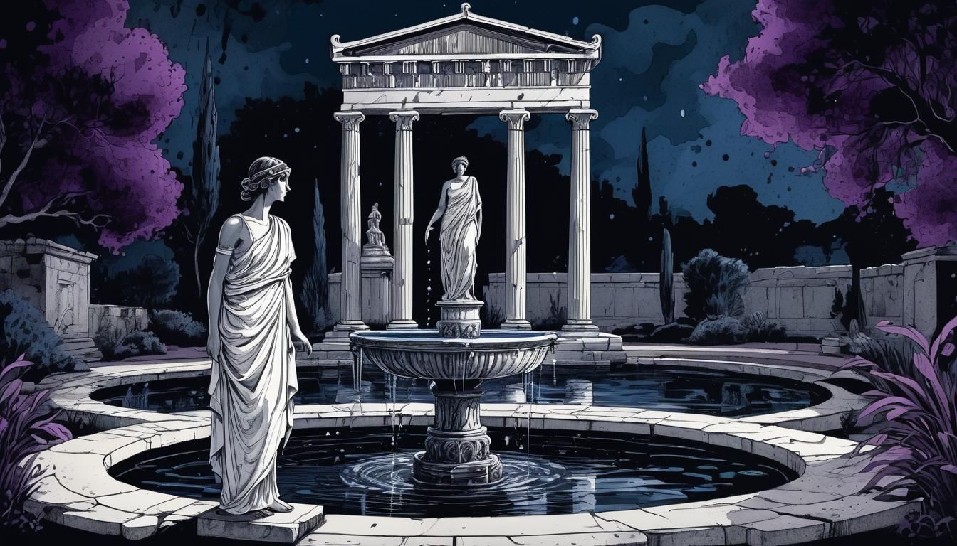 Ancient Greek Garden Fountain Pen and Ink Illustration