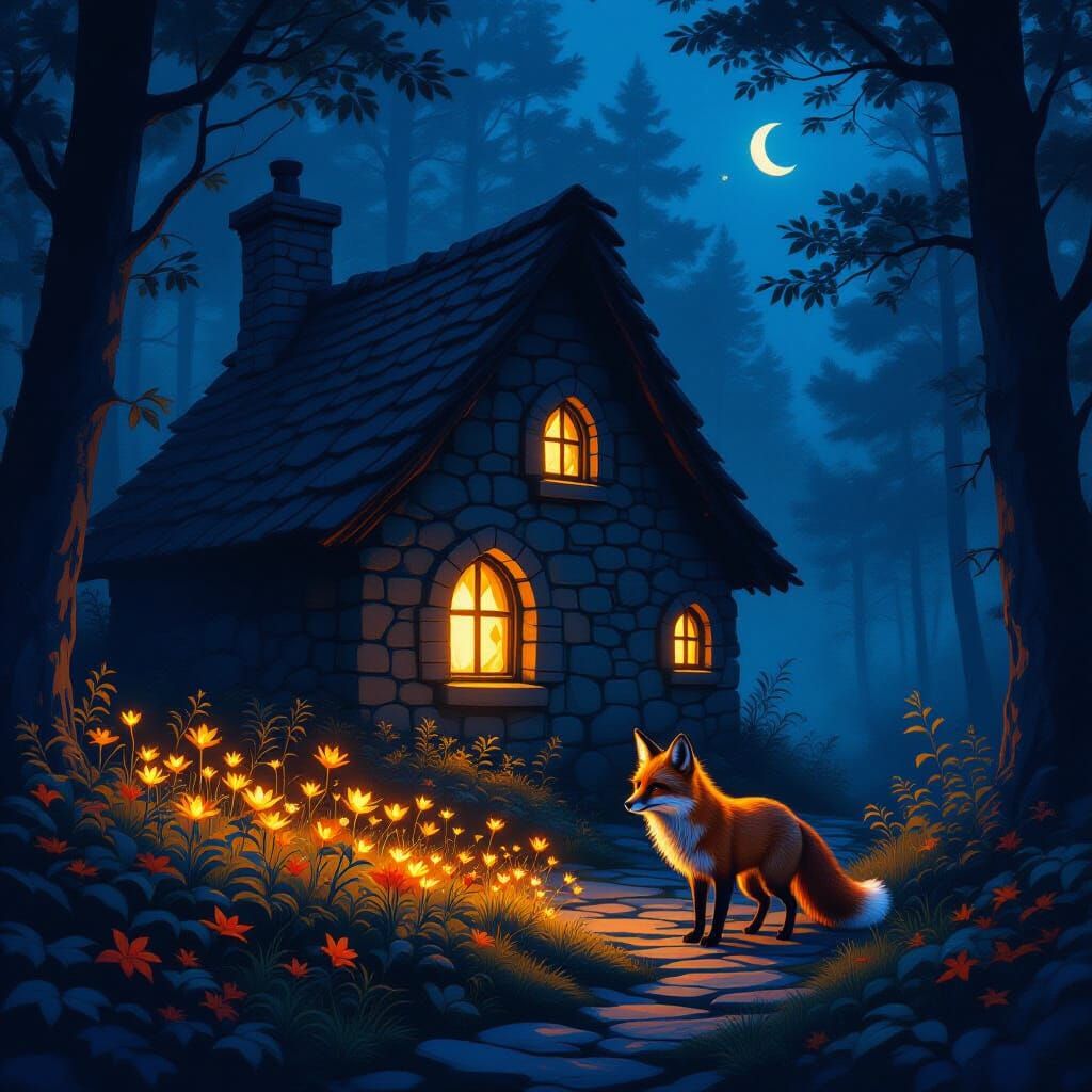 Enchanted Forest Cottage with Glowing Windows and Ember-Eyed...
