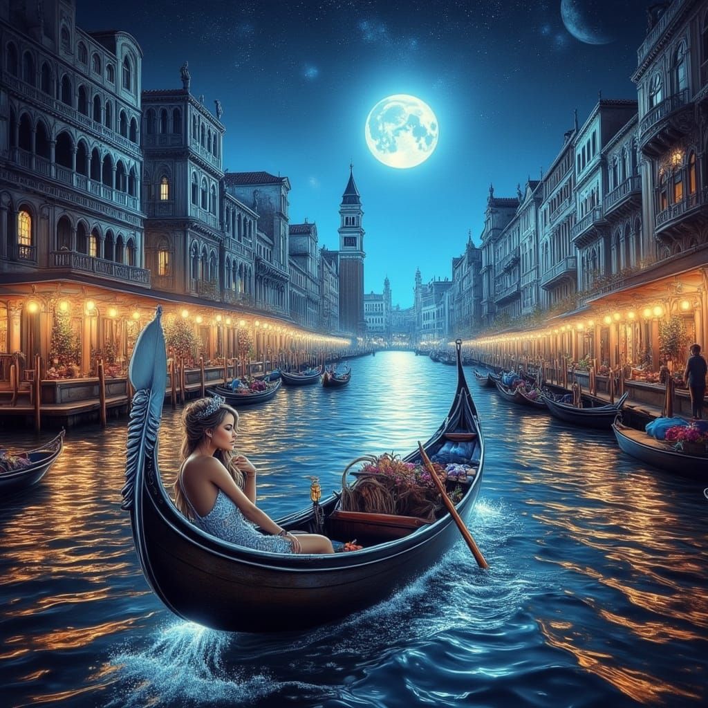 Venice Gondola Ride at Night in Surreal Style