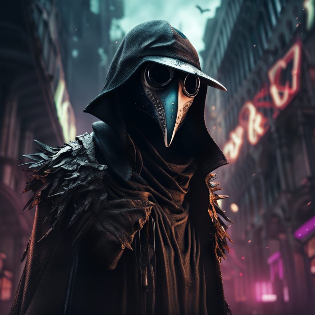 Sinister Plague Doctor in Cyberpunk Cityscape
