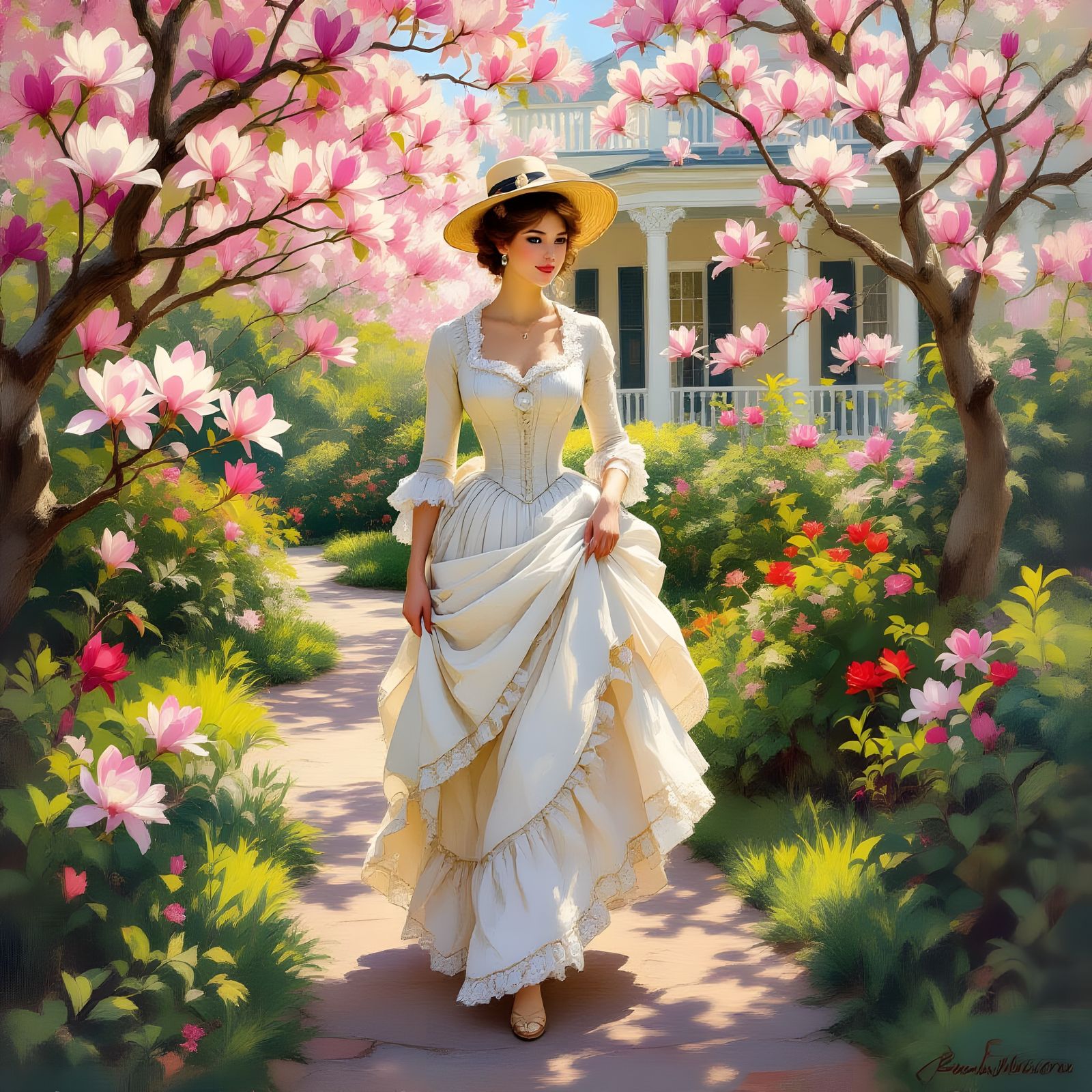 Southern Belle in Garden, Impressionistic Style